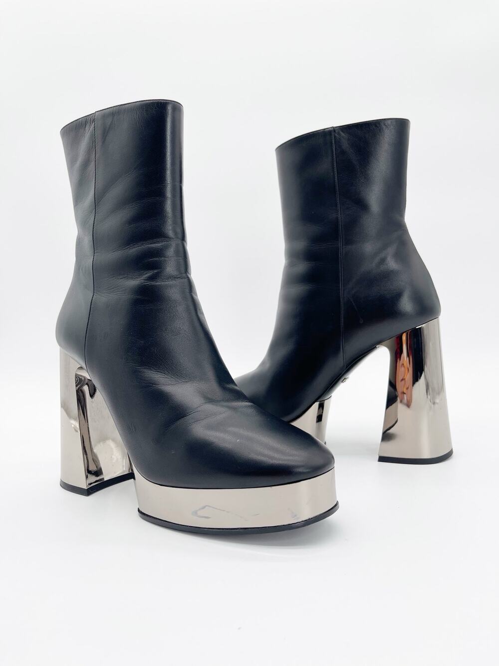 Gucci Black Malaga Kid Leather Chrome Platform Block Heel Ankle Boots IT 40